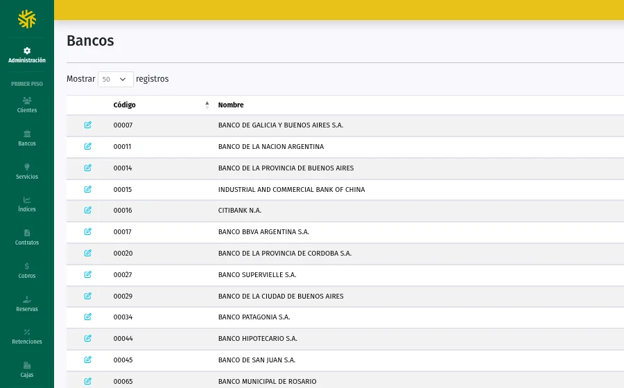 Sistema de gestión inmobiliaria de FERA y Asociados: pantalla de administración con el menú de clientes, contratos, cobros, reservas y cajas